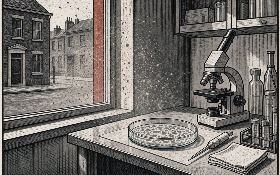 An illustration pairs a dusty street outside a window with a skin-cell culture bench indoors.