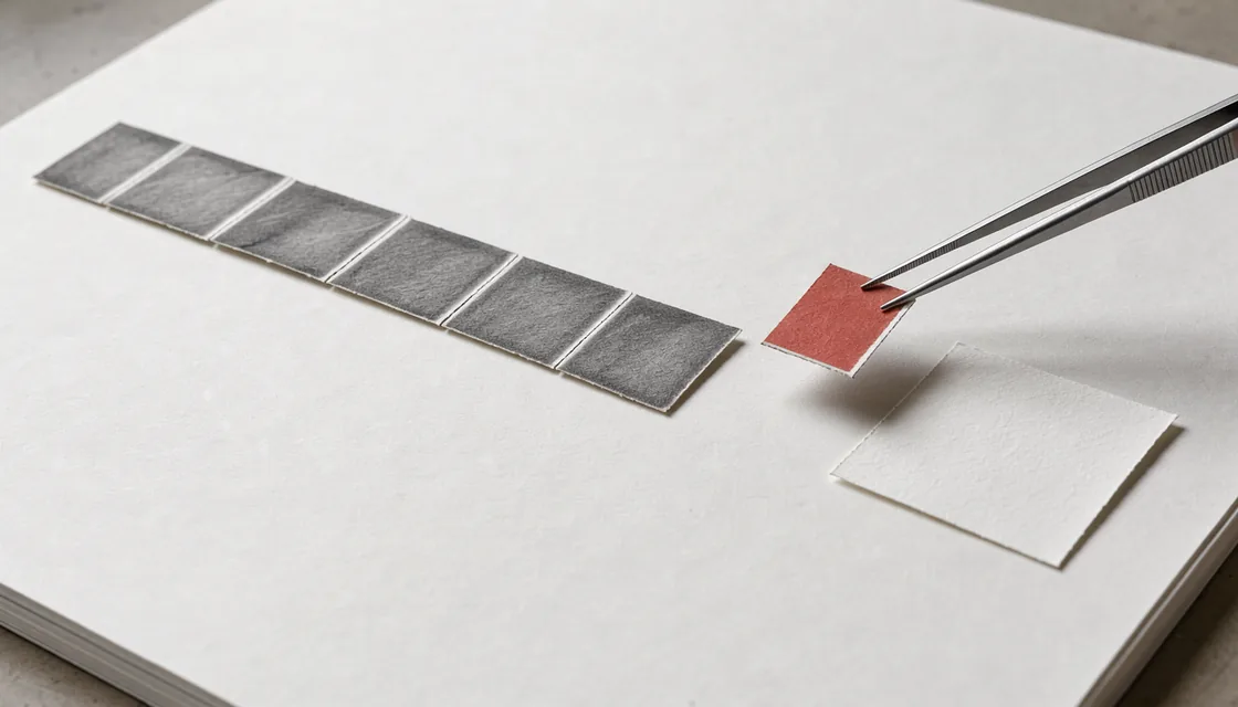 Tweezers lift a short vermilion end from a longer segmented paper ribbon.