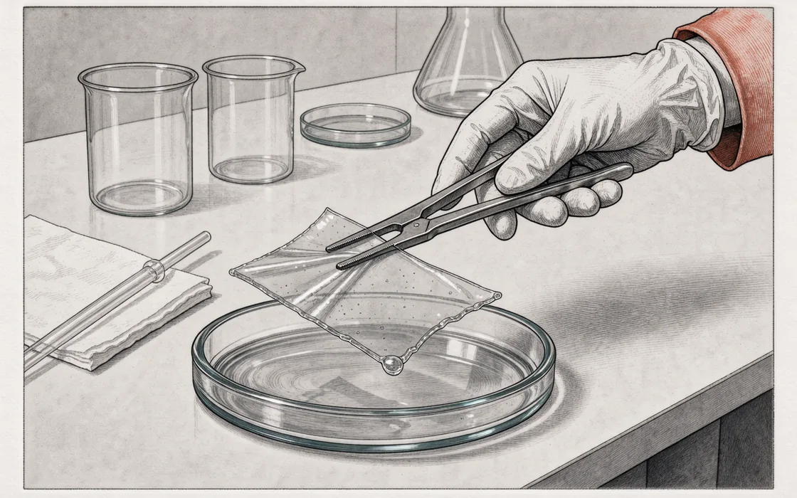 A gloved hand lifts a thin transparent hydrogel sheet above a glass dish.