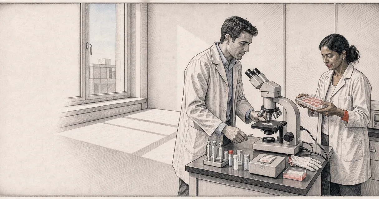 Two technicians examine a cell-culture plate beside a microscope in a sunlit laboratory illustration.
